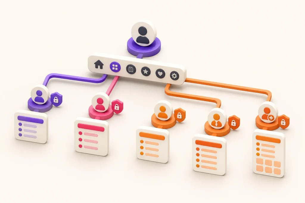 WordPress navigation branching into logged-out logged-in and role-based menu paths