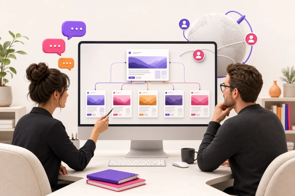 WordPress agency team coordinating multilingual client websites across connected language routes