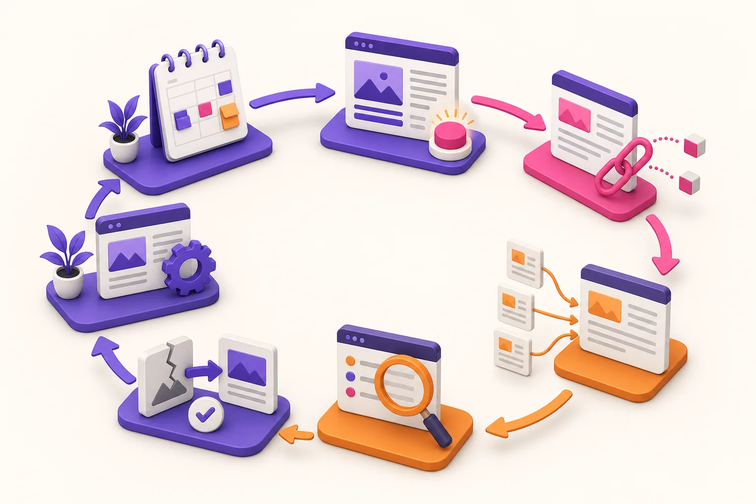 Internal linking workflow connecting planning publishing auditing and redirects