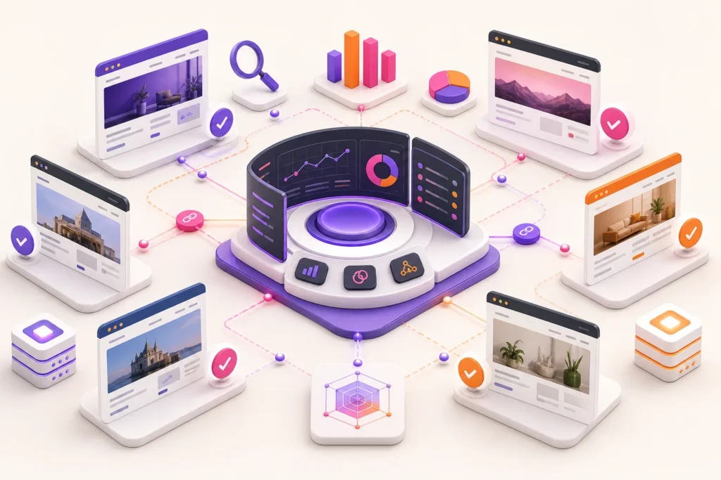 Agency SEO dashboard coordinating multiple WordPress client sites