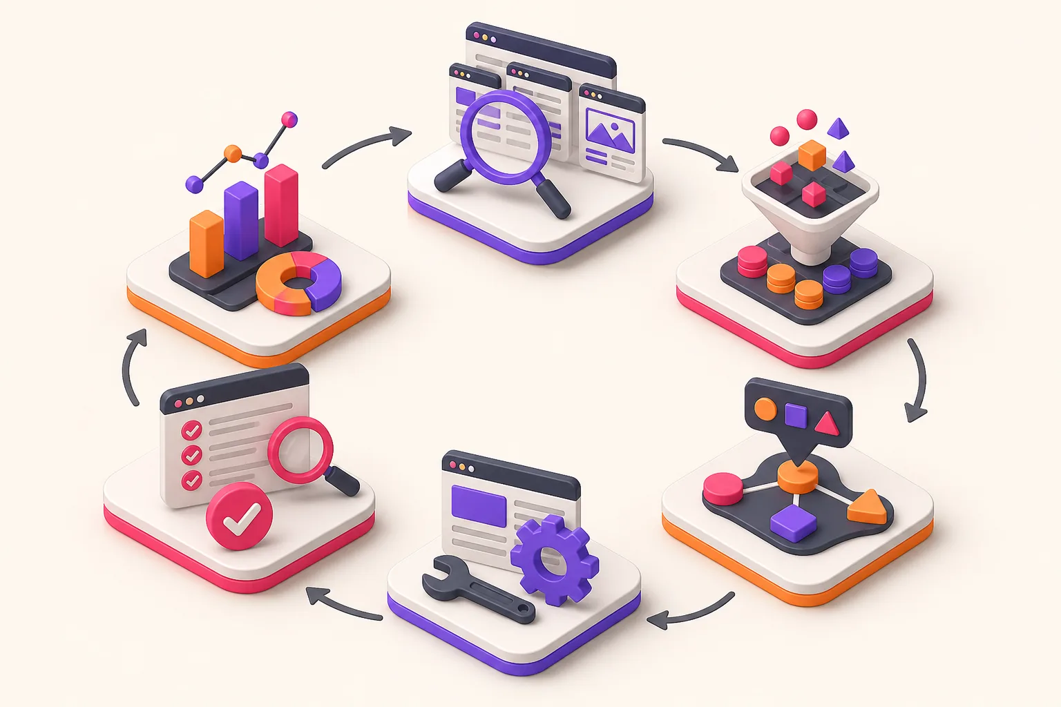 Six-stage WordPress SEO management cycle for agency client sites